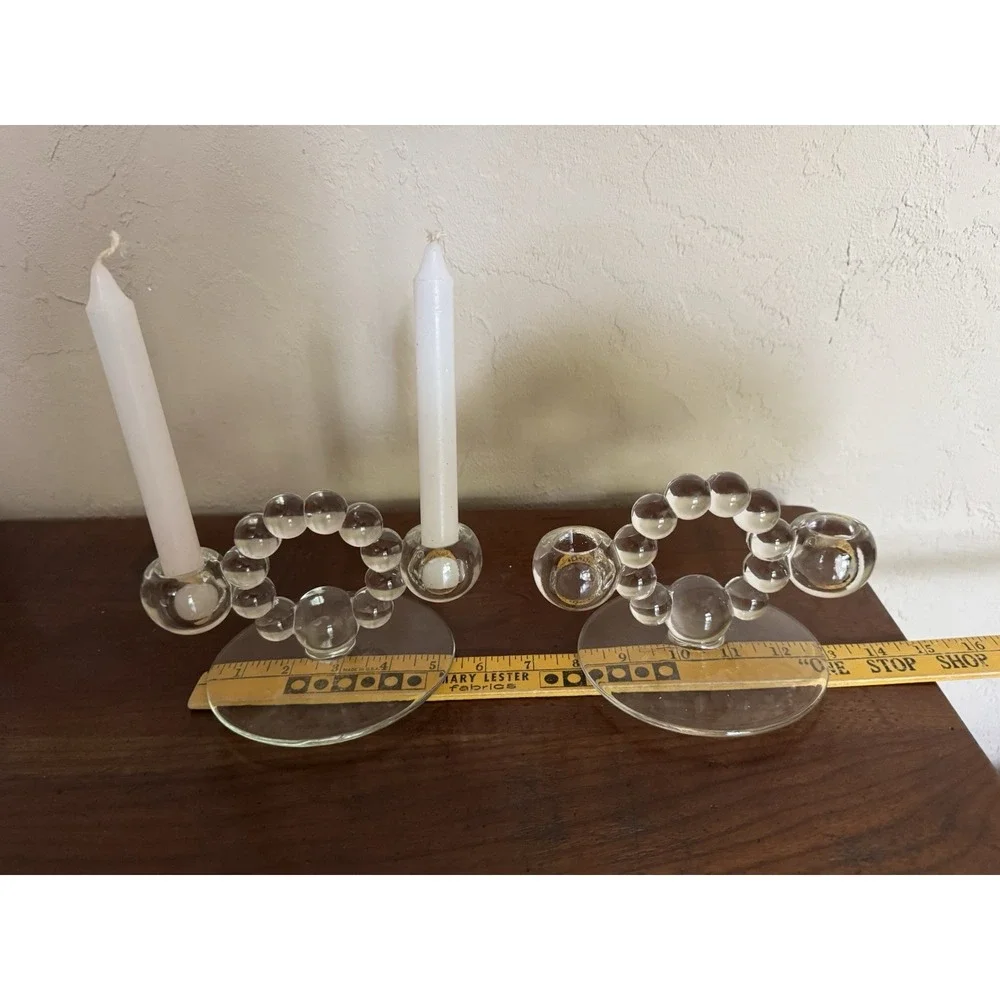 Bubble Glass Candle Holders Set of 2 Clear Pressed Glass MCM Style